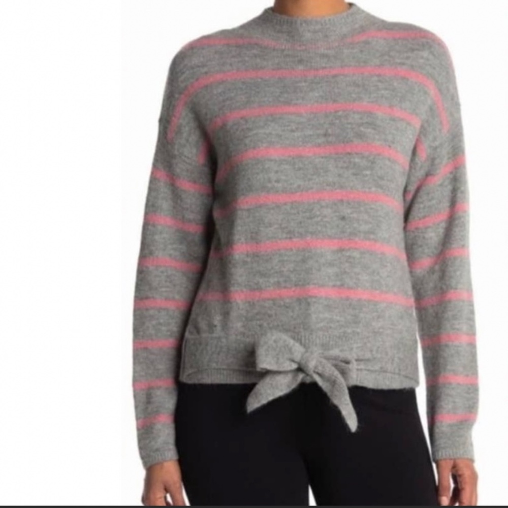 WAYF Sweater Mock Neck Front tie Twist Grey Pink Stripe NWT